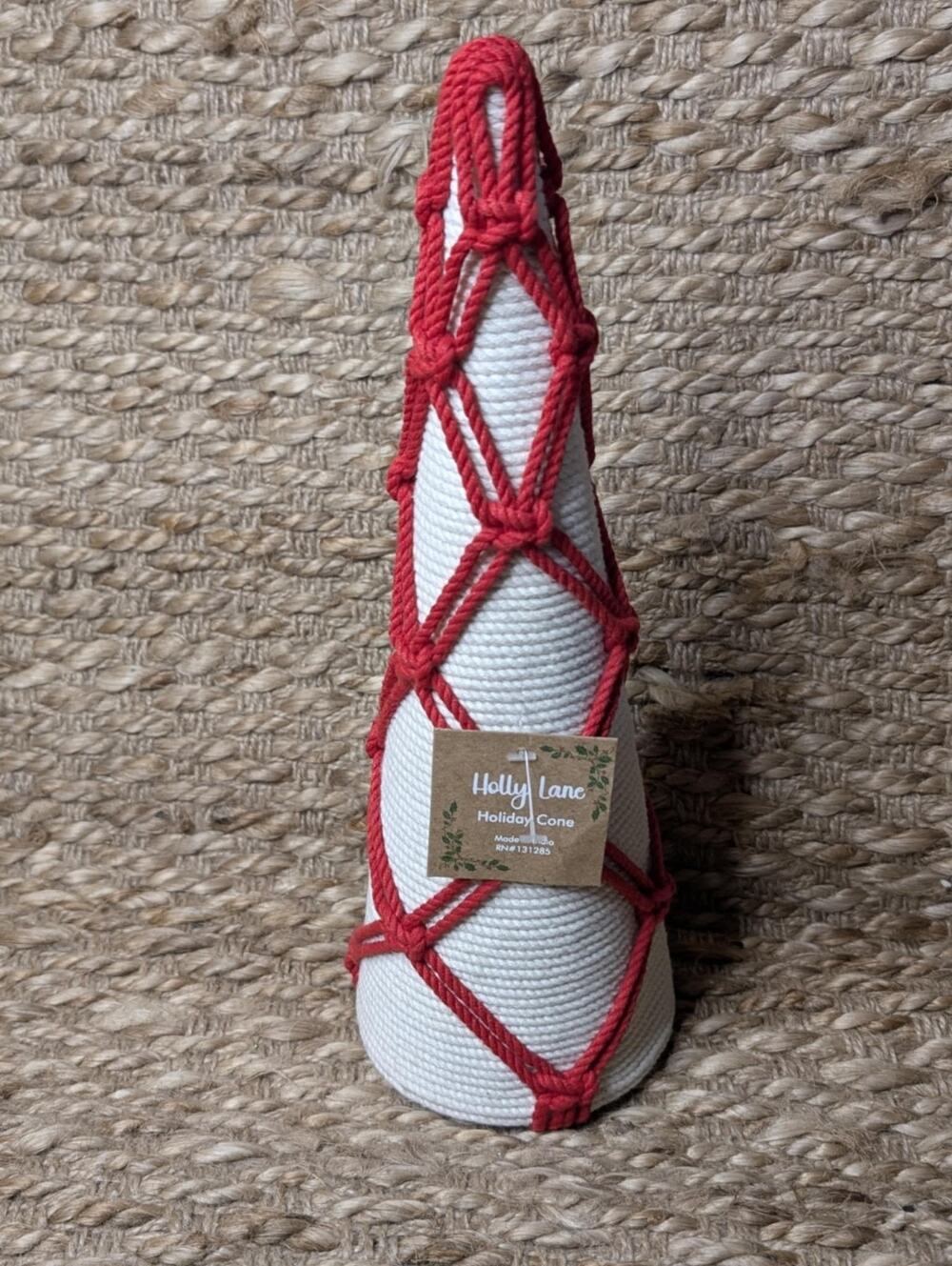 Holiday Lane Boho Festive Yarn Cone Christmas Tree Red White Tabletop Decor 13"
